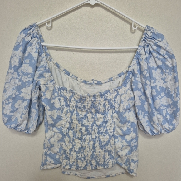 Abercrombie & Fitch Blue White Floral Linen Puff Sleeve Crop Blouse – Size S - Picture 4 of 4